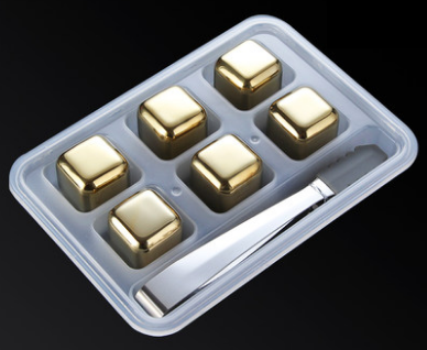 不銹鋼冰塊金色正方6粒連夾 (304 Stainless Steel Chilling Reusable Ice Cubes)