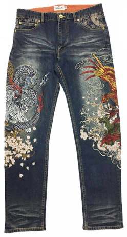 絡繰魂KARAKURI浮世繪四神獸櫻花刺繡男式修身彈力牛仔長褲